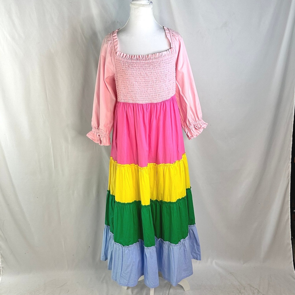 Crown & Ivy Women's 1X Maxi Dress Multicolor Rainbow Smocked Tiered Boho NWT